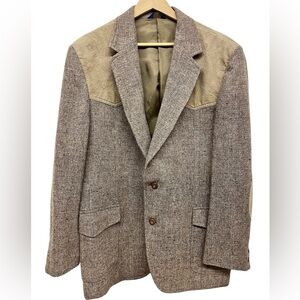 PENDLETON Tweed Wool Light Brown Western USA Leather 46L Sport Coat Blazer